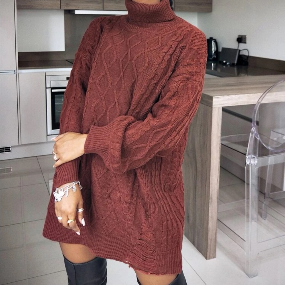 Distressed Cable Knit Sweater Dress